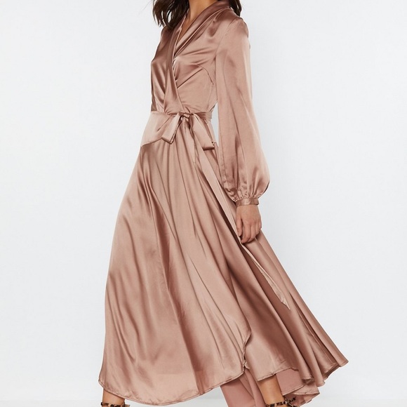 Nasty Gal Dresses & Skirts - Rose Nude Satin Wrap Maxi Dress - NWT